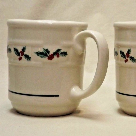 Longaberger Pottery Set of 2 Woven Traditions Traditional Holly Mugs USA - Picture 2 of 16